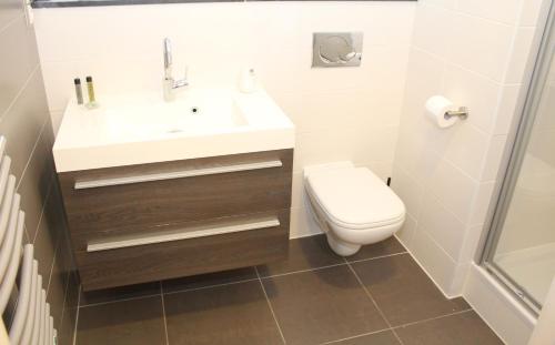 a bathroom with a sink and a toilet at Mondo hôtel in Tubize