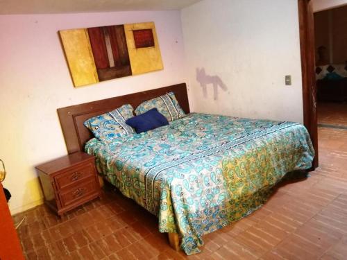 een slaapkamer met een bed, een dressoir en een schilderij bij pension de fer in San Luis Potosí