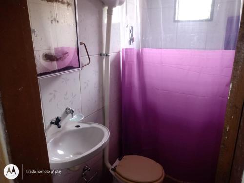 Baño púrpura con aseo y lavamanos en Kitnet Recanto do Bem-te-vi, en Jacaraípe