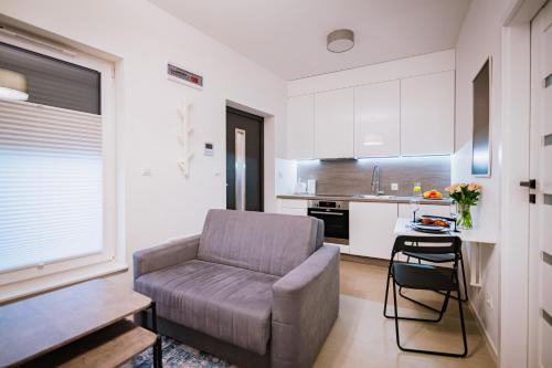 Il comprend un salon avec un canapé et une cuisine. dans l'établissement Ottimo Apartamenty Dolina, à Bydgoszcz