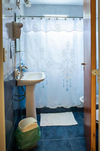 a bathroom with a sink and a shower curtain at Lo de Hilda in Villa Elisa