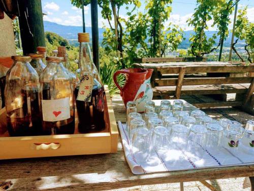 a box of bottles and glasses on a wooden table at Studio in Novo mesto - dostava - Kranjska Krain 26035 in Mačkovec pod Trško Goro