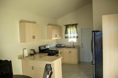 Una cocina con gabinetes de madera y un refrigerador negro. en TWO KING BEDS NEAR PUERTO SECO BEACH, en Discovery Bay