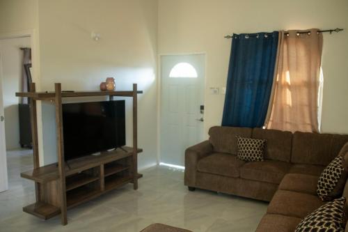Una sala de estar con un sofá y un televisor de pantalla plana. en TWO KING BEDS NEAR PUERTO SECO BEACH, en Discovery Bay