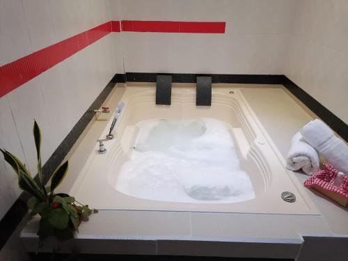 uma banheira de hidromassagem numa casa de banho com uma planta em Casa amazilia em Letícia