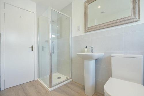 a bathroom with a shower and a toilet and a sink at Coastal Plaice in Beadnell