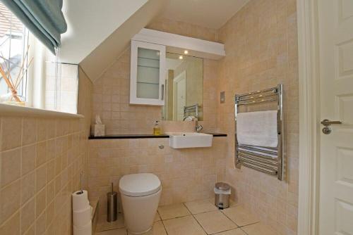 a bathroom with a toilet and a sink and a mirror at Sandpiper Bamburgh in Bamburgh