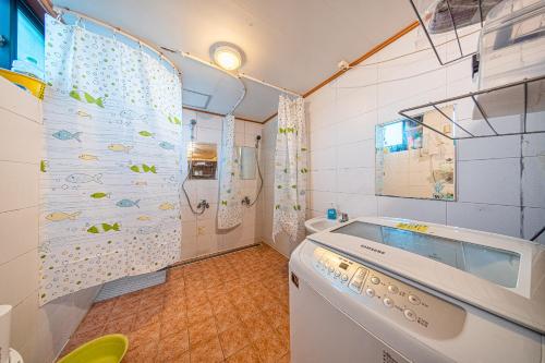 a bathroom with a shower and a washing machine at Dream Single House in Seoul
