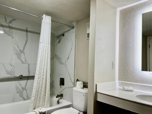 a bathroom with a shower and a toilet and a sink at La Quinta Inn by Wyndham El Paso East Lomaland in El Paso