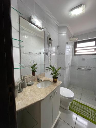 La salle de bains est pourvue d'un lavabo, de toilettes et d'une douche. dans l'établissement Apartamento Maravilhoso, à Capão da Canoa