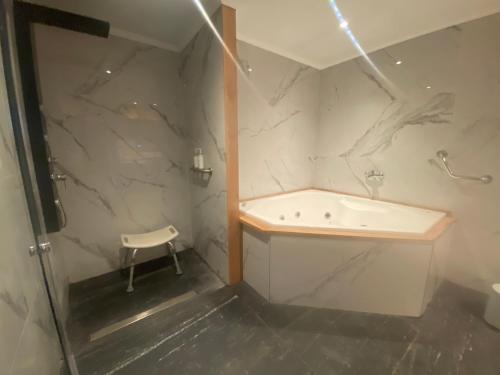 a bathroom with a shower and a tub and a sink at Casona Lo Aguirre , Hospedaje de Temporada Cálidas in Talagante