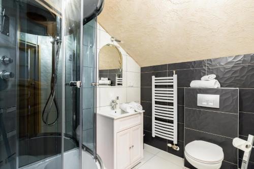 e bagno con doccia, servizi igienici e lavandino. di Domek u Wawrytki a Zakopane