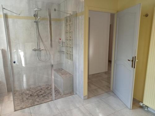 a bathroom with a shower with a glass shower stall at Vaste villa en position dominante superbe vue lacs in Hautecour