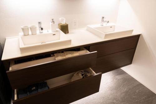 a bathroom with a vanity with a sink and a mirror at SETOUCHI SUP RESORT - Ao - in Shodoshima