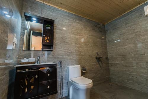 y baño con aseo, lavabo y espejo. en SaffronStays Cottage Glade, Dehradun - luxury wooden cottage, en Dehradun
