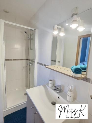 une salle de bain blanche avec une douche et un lavabo dans l'établissement L'Héritan de Miss.K Conciergerie, à Mâcon