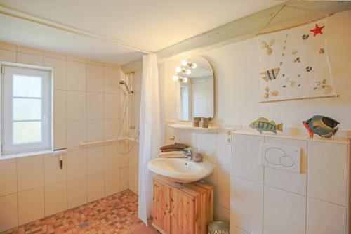 y baño con lavabo y espejo. en Freesenhuus Althorsbüll, en Emmelsbüll-Horsbüll