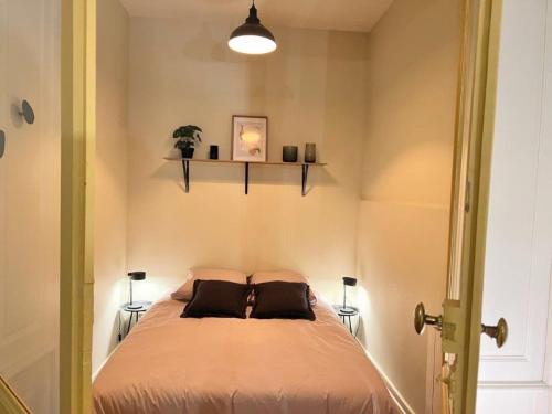 een kleine slaapkamer met een bed met 2 kussens bij Le boudoir de Clem in Chalon-sur-Saône