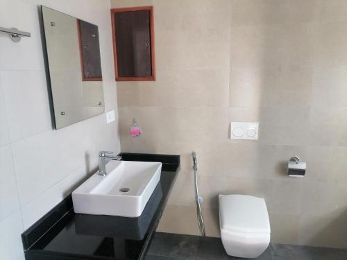 a bathroom with a white sink and a toilet at Urban Boutique Hotel Pokhara in Pokhara