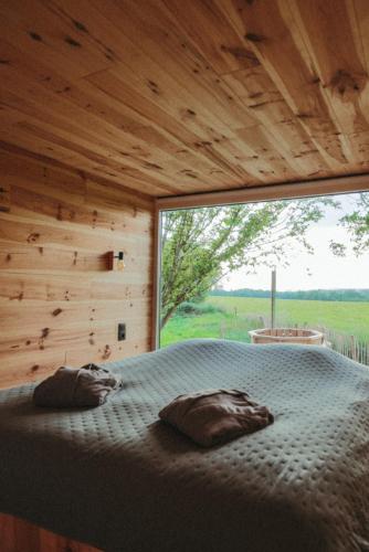 La cabane de la Ferme du Ry في Sorinnes: سرير في غرفة مع نافذة كبيرة