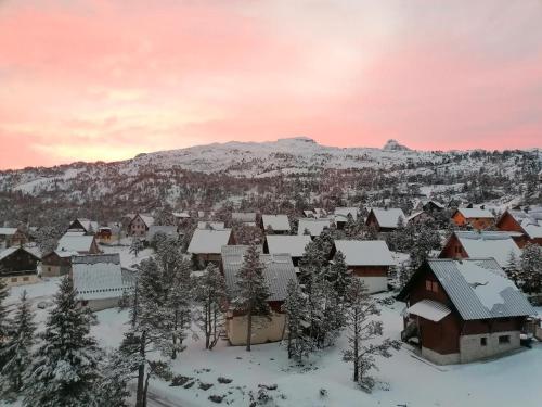 a town covered in snow with a mountain in the background at Studio Montagne à la Pierre St Martin in Arette