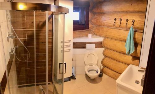 a small bathroom with a toilet and a shower at Zrub pod Poľanou in Detvianska Huta