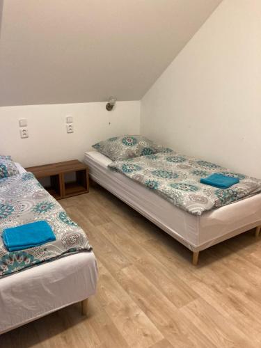 two beds sitting in a room with wooden floors at Apartmán v Anenském údolí in Moravská Třebová