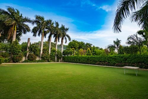 einen Park mit Palmen und einer Bank in der Unterkunft Hotel Chandrawati Palace in Ābu Road