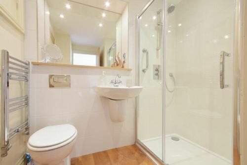 uma casa de banho com um WC, um lavatório e um chuveiro em St Julians em Alnmouth