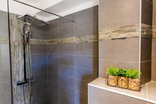La salle de bains est pourvue d'une douche et de 2 plantes sur une étagère. dans l'établissement SUEDE 3 AP4209 By Riviera Holiday Homes, à Nice