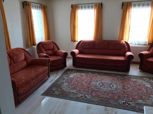 a living room with couches and chairs and a rug at Sivas Sıcak Çermik Kaplıca Villa 