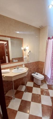 a bathroom with a sink and a toilet and a mirror at Apartamento Cordobán Centro in Córdoba