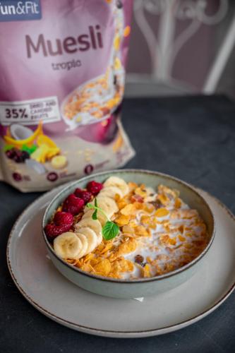 a bowl of cereal with fruit on a plate at Garni Hotel Lotos in Niš