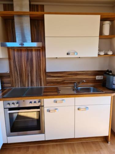 a kitchen with a stove and a sink at Ferienwohnung HOAMAT Schmalzreich Andrea in Lam