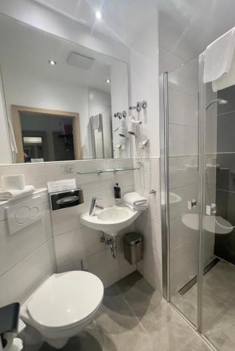 a bathroom with a toilet and a sink and a shower at Hotel Central in Bamberg