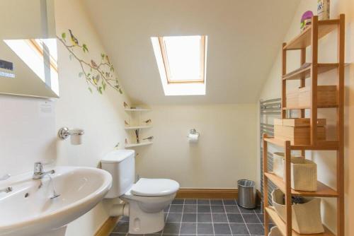 a bathroom with a white toilet and a sink at Mossyford Cottage in Alnwick