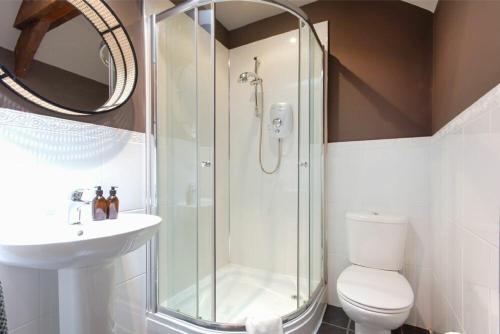 a bathroom with a shower and a toilet and a sink at The Bolthole in Eglingham