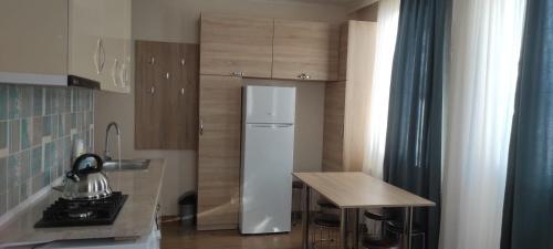 a kitchen with a white refrigerator and a table at Nias's Apartment in Bakuriani in Bakuriani