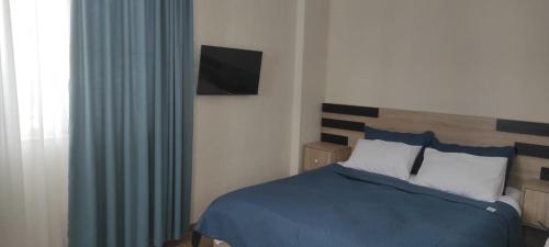 um quarto com uma cama e uma televisão na parede em Nias's Apartment in Bakuriani em Bakuriani