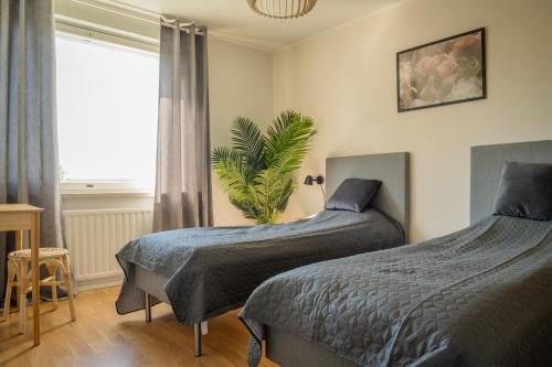 een slaapkamer met twee bedden en een plant erin bij Design apartment with lake view, sauna, fireplace in Rovaniemi