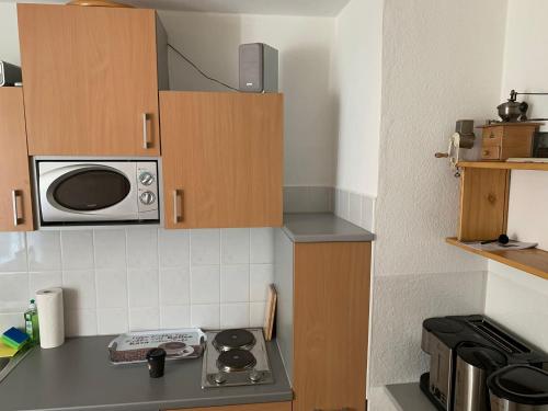 eine kleine Küche mit Mikrowelle und Herd in der Unterkunft LEA Apartments Leipzig West in Leipzig