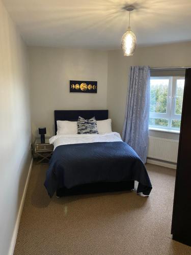 ein Schlafzimmer mit einem Bett mit einer blauen Decke und einem Fenster in der Unterkunft Hastings Apartments Extra Large Self Catering Apt Tourism Certified Free Parking WiFi in Belfast