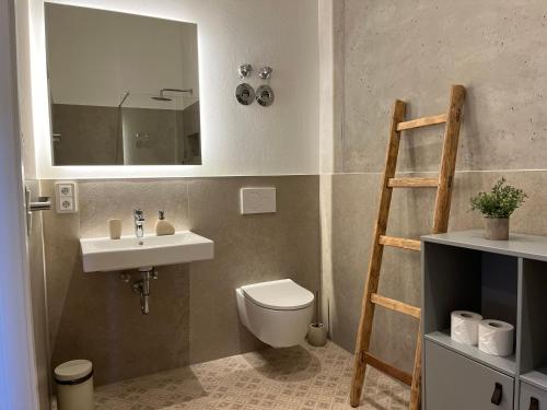 uma casa de banho com um lavatório, um WC e um espelho. em Gmunder Premium Dachgeschoss-Apartments em Gmund am Tegernsee