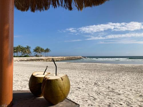 two coconut spheres sitting on a beach near the ocean at Townhouse Paolo in Salalah