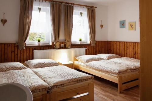 1 Schlafzimmer mit 2 Betten und 2 Fenstern in der Unterkunft Chalupa Hela in Loučná pod Klínovcem