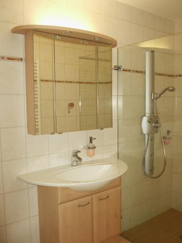 a bathroom with a sink and a shower at Landhotel Rittersgrün in Breitenbrunn