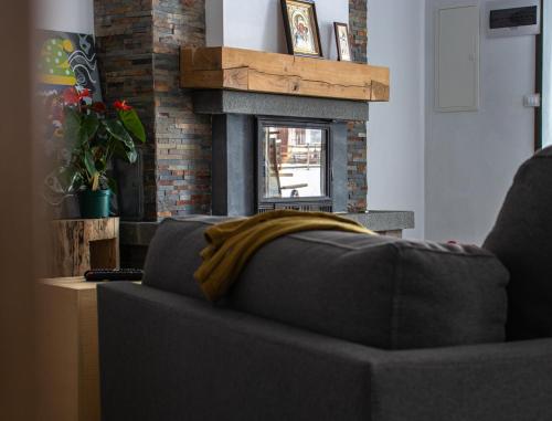 a living room with a couch and a fireplace at Chalet Deluț in Suceava