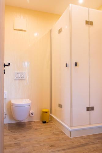 a bathroom with a toilet and a glass shower at Kloster Bonlanden in Berkheim