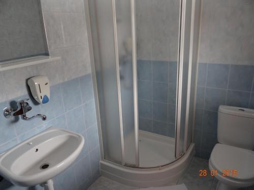 a bathroom with a shower and a toilet and a sink at Penzion Eso in Martin