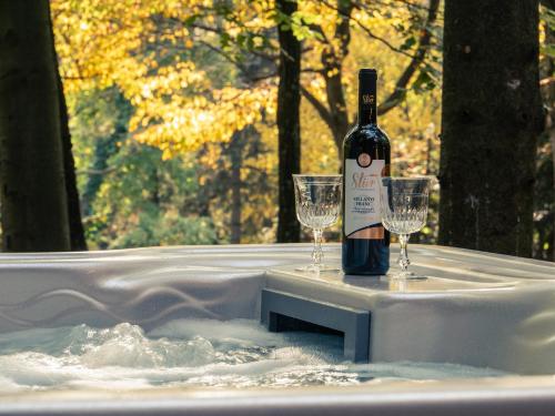 a bottle of wine sitting on a table with two glasses at Spirit of the Earth Cottage Dobogókő in Pilisszentkereszt